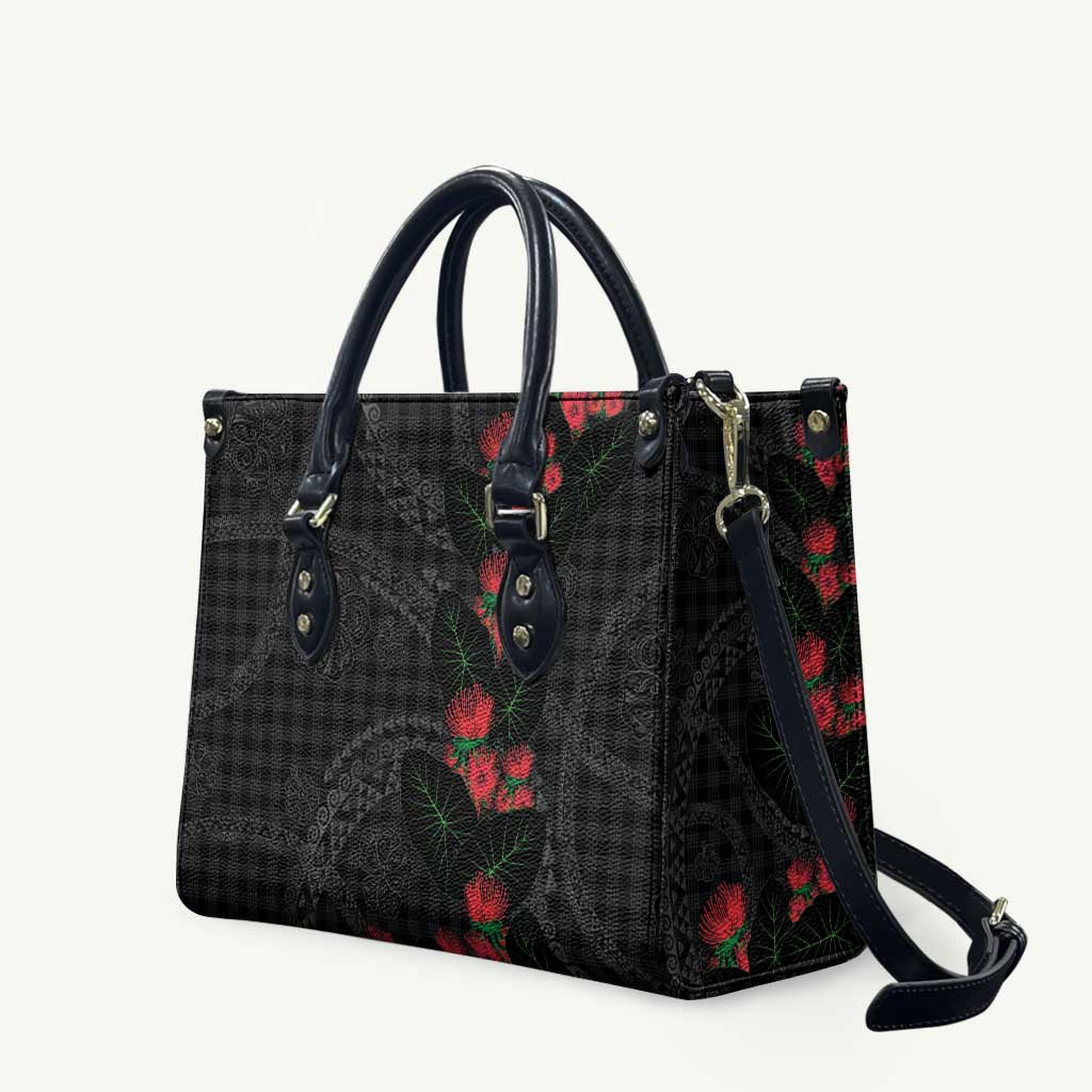 Hawaiian Kakau Art Leather Bag Taro Leaves with Ohia Lehua and Pakala Pattern - Polynesian Pride