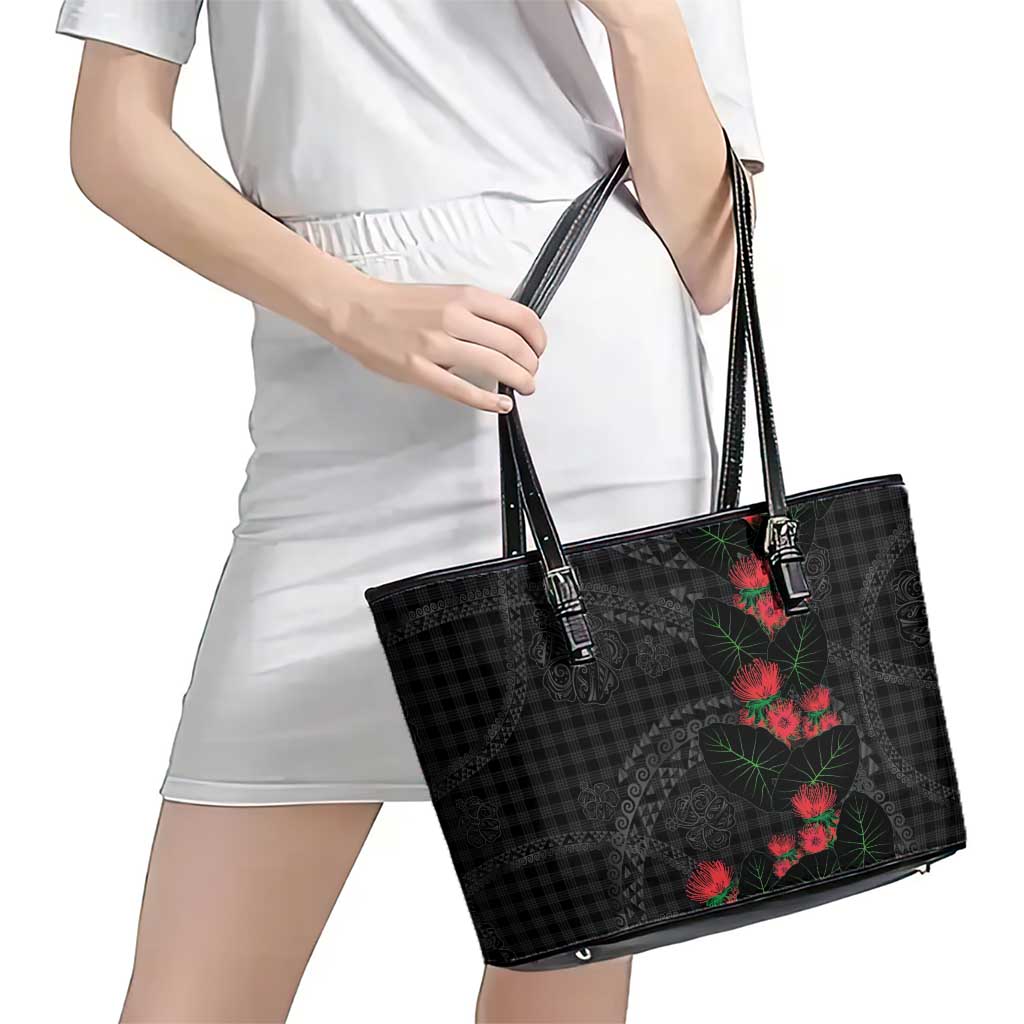 Hawaiian Kakau Art Leather Tote Bag Taro Leaves with Ohia Lehua and Pakala Pattern - Polynesian Pride