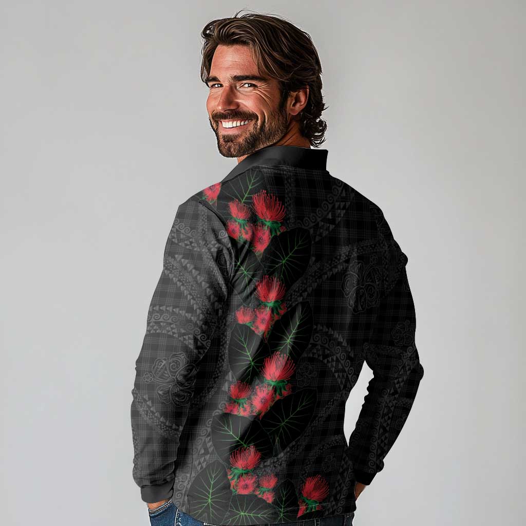 Hawaiian Kakau Art Long Sleeve Polo Shirt Taro Leaves with Ohia Lehua and Pakala Pattern - Polynesian Pride