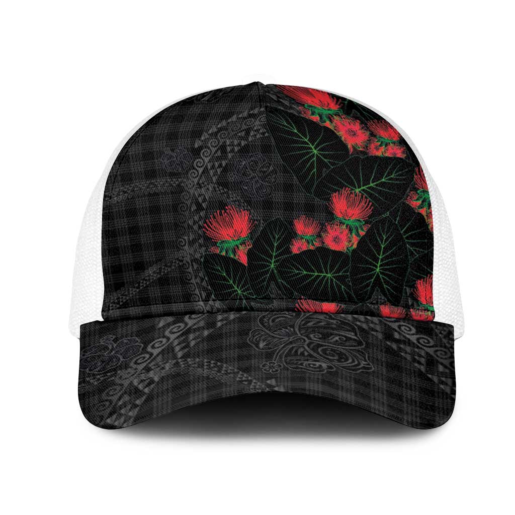Hawaiian Kakau Art Mesh Trucker Cap Taro Leaves with Ohia Lehua and Pakala Pattern - Polynesian Pride