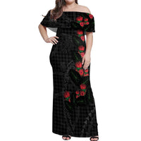 Hawaiian Kakau Art Off Shoulder Maxi Dress Taro Leaves with Ohia Lehua and Pakala Pattern LT03 Women Black - Polynesian Pride