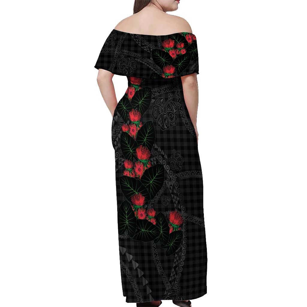 Hawaiian Kakau Art Off Shoulder Maxi Dress Taro Leaves with Ohia Lehua and Pakala Pattern LT03 - Polynesian Pride