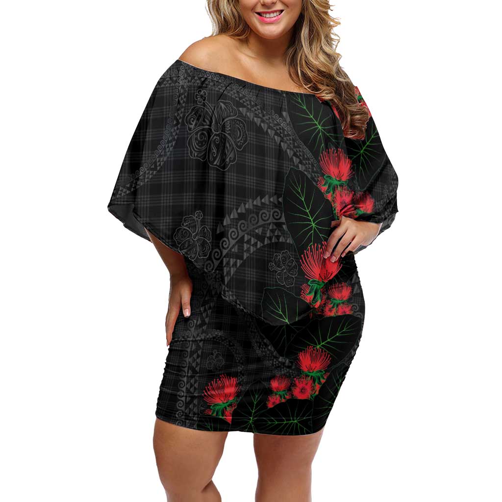 Hawaiian Kakau Art Off Shoulder Short Dress Taro Leaves with Ohia Lehua and Pakala Pattern - Polynesian Pride