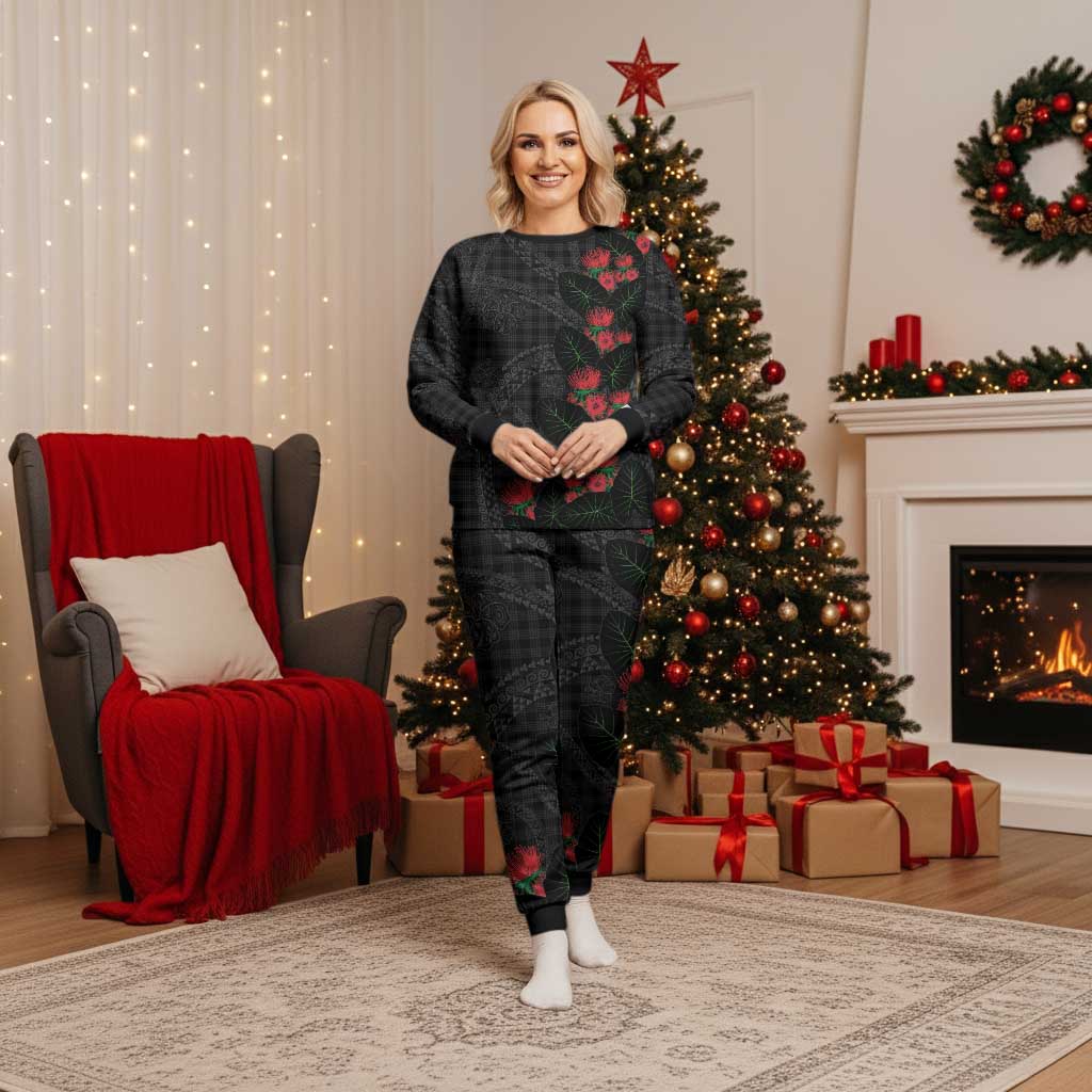 Hawaiian Kakau Art Christmas Pajama Set Taro Leaves with Ohia Lehua and Pakala Pattern - Polynesian Pride