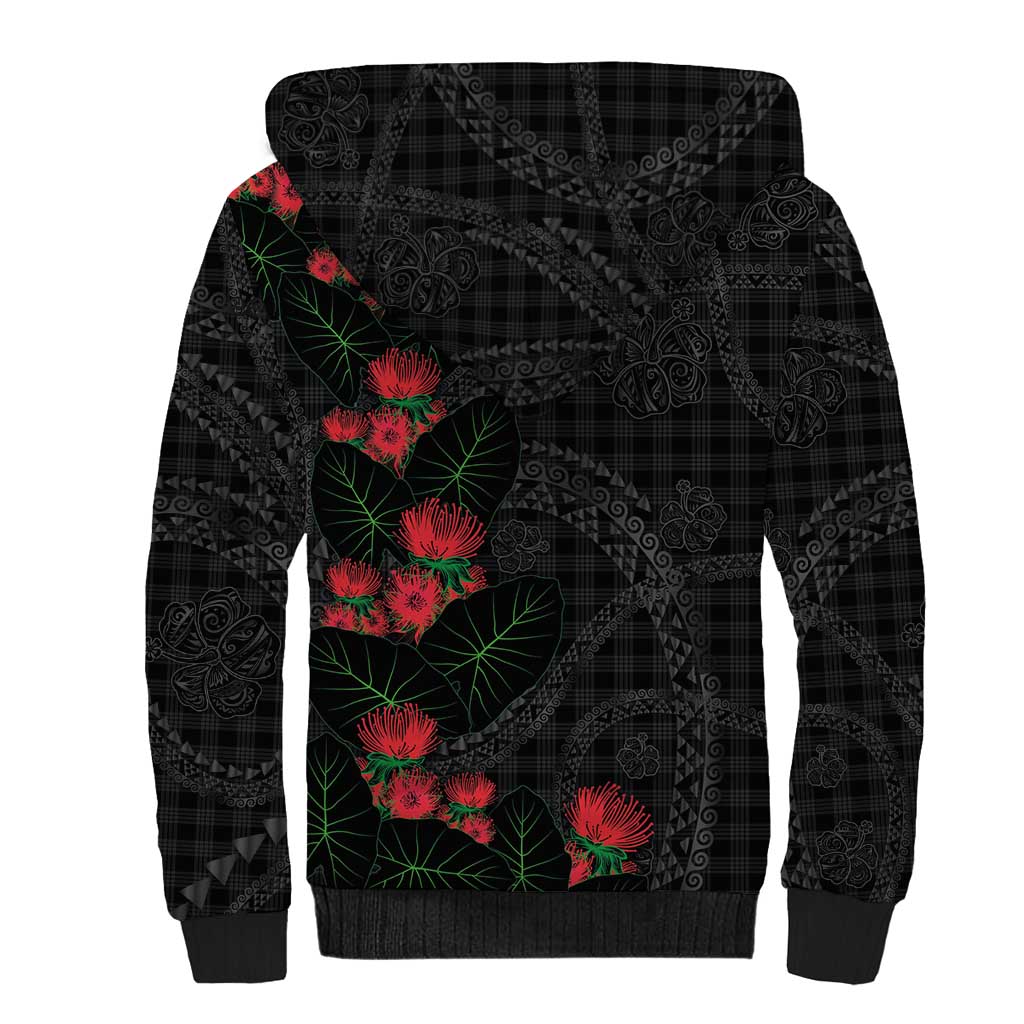 Hawaiian Kakau Art Sherpa Hoodie Taro Leaves with Ohia Lehua and Pakala Pattern - Polynesian Pride