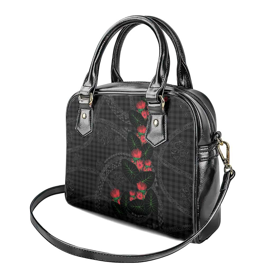 Hawaiian Kakau Art Shoulder Handbag Taro Leaves with Ohia Lehua and Pakala Pattern - Polynesian Pride