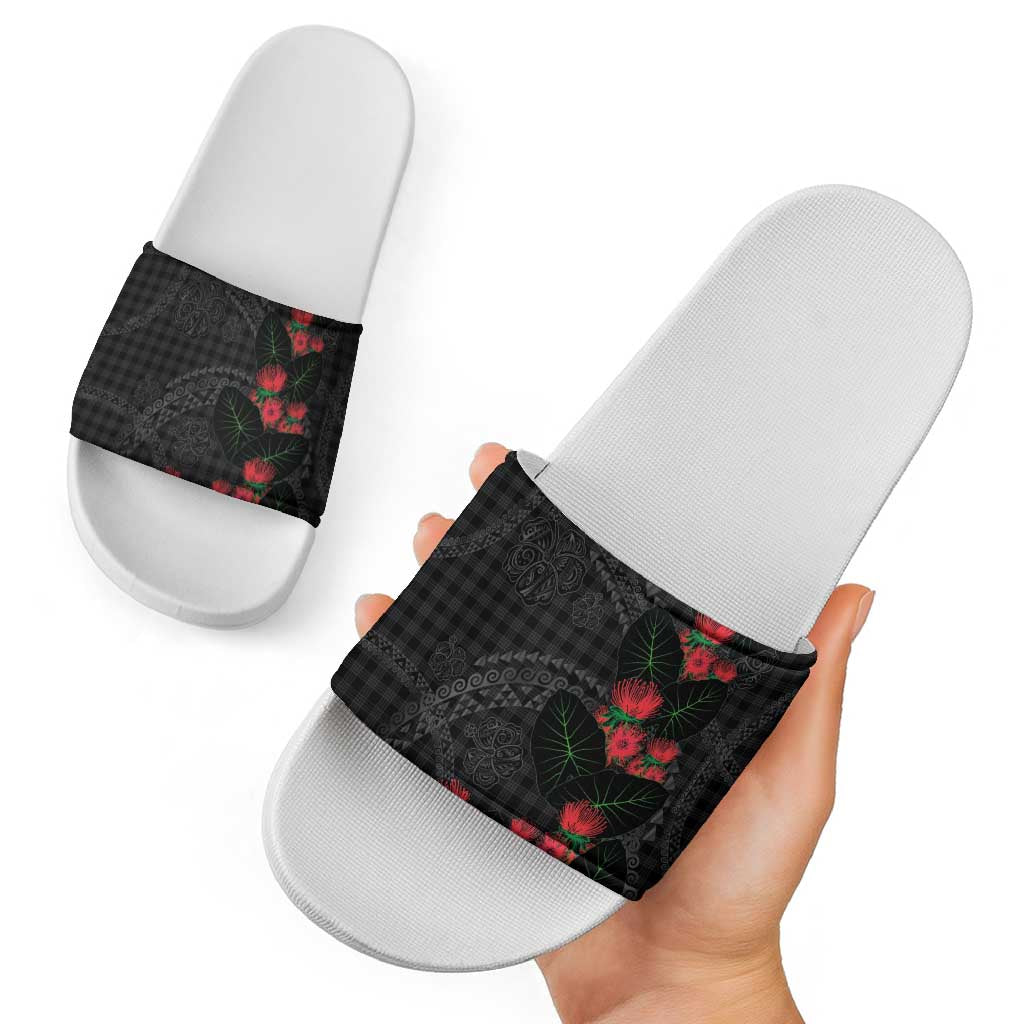 Hawaiian Kakau Art Slide Sandals Taro Leaves with Ohia Lehua and Pakala Pattern - Polynesian Pride