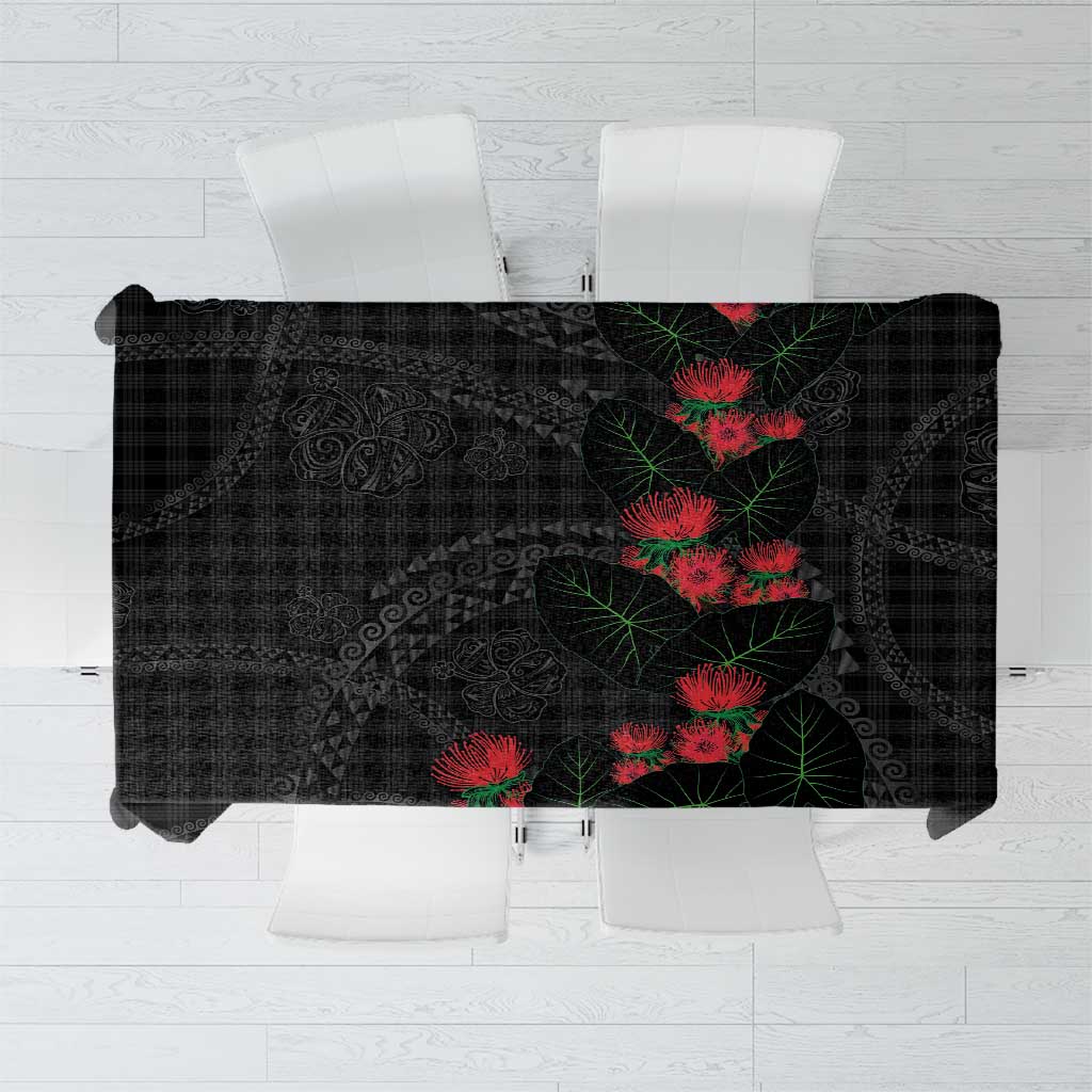 Hawaiian Kakau Art Tablecloth Taro Leaves with Ohia Lehua and Pakala Pattern LT03 Black - Polynesian Pride