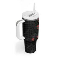 Hawaiian Kakau Art Tumbler With Handle Taro Leaves with Ohia Lehua and Pakala Pattern - Polynesian Pride