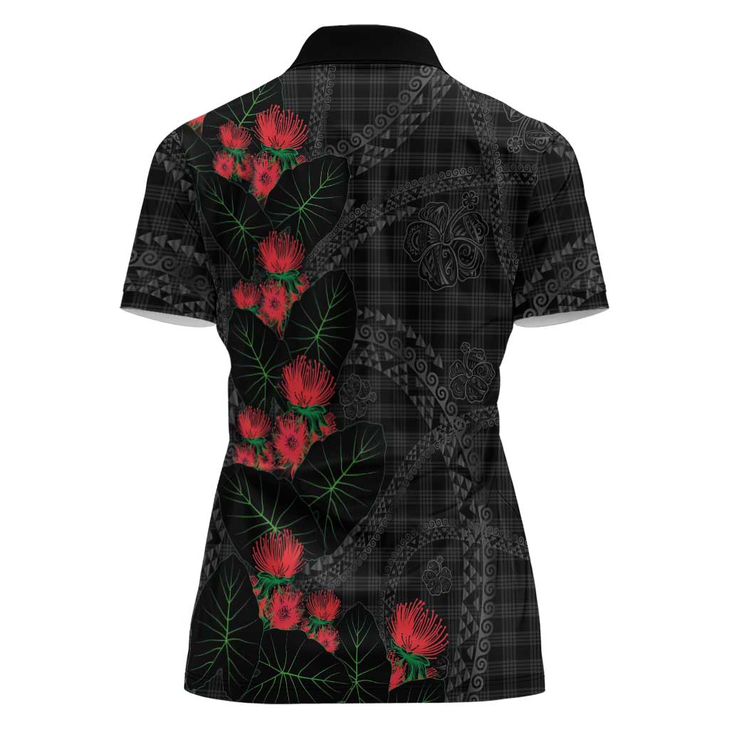 Hawaiian Kakau Art Women Polo Shirt Taro Leaves with Ohia Lehua and Pakala Pattern - Polynesian Pride