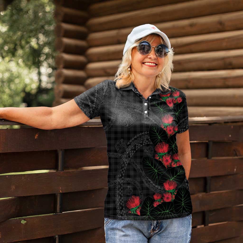Hawaiian Kakau Art Women Polo Shirt Taro Leaves with Ohia Lehua and Pakala Pattern - Polynesian Pride