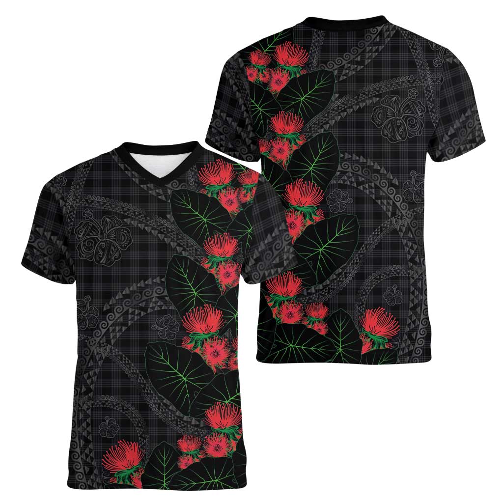 Hawaiian Kakau Art Women V-Neck T-Shirt Taro Leaves with Ohia Lehua and Pakala Pattern - Polynesian Pride