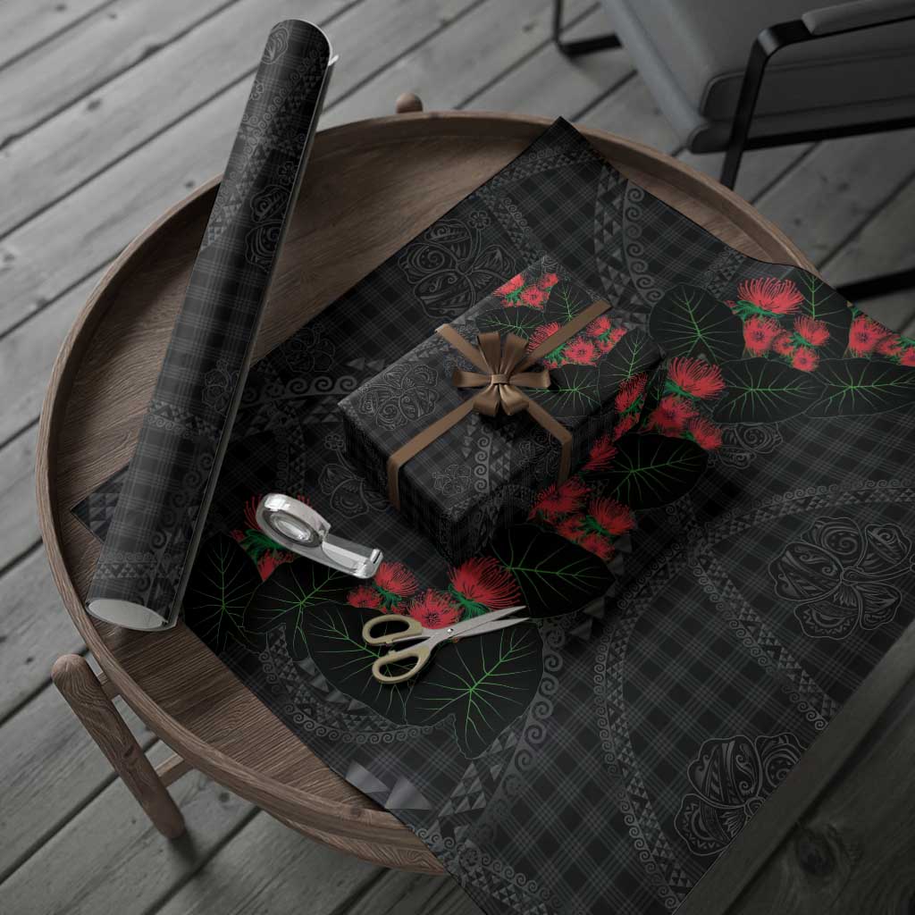 Hawaiian Kakau Art Wrapping Paper Taro Leaves with Ohia Lehua and Pakala Pattern - Polynesian Pride