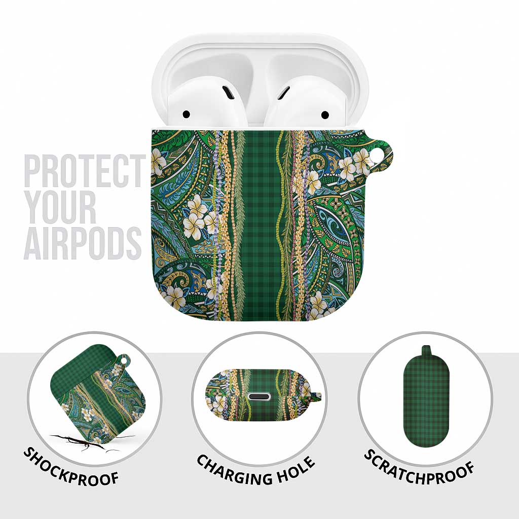 Hawaiian Art Flower Tribal with Lei AirPods Case Palaka Pattern Green Color LT03 - Polynesian Pride
