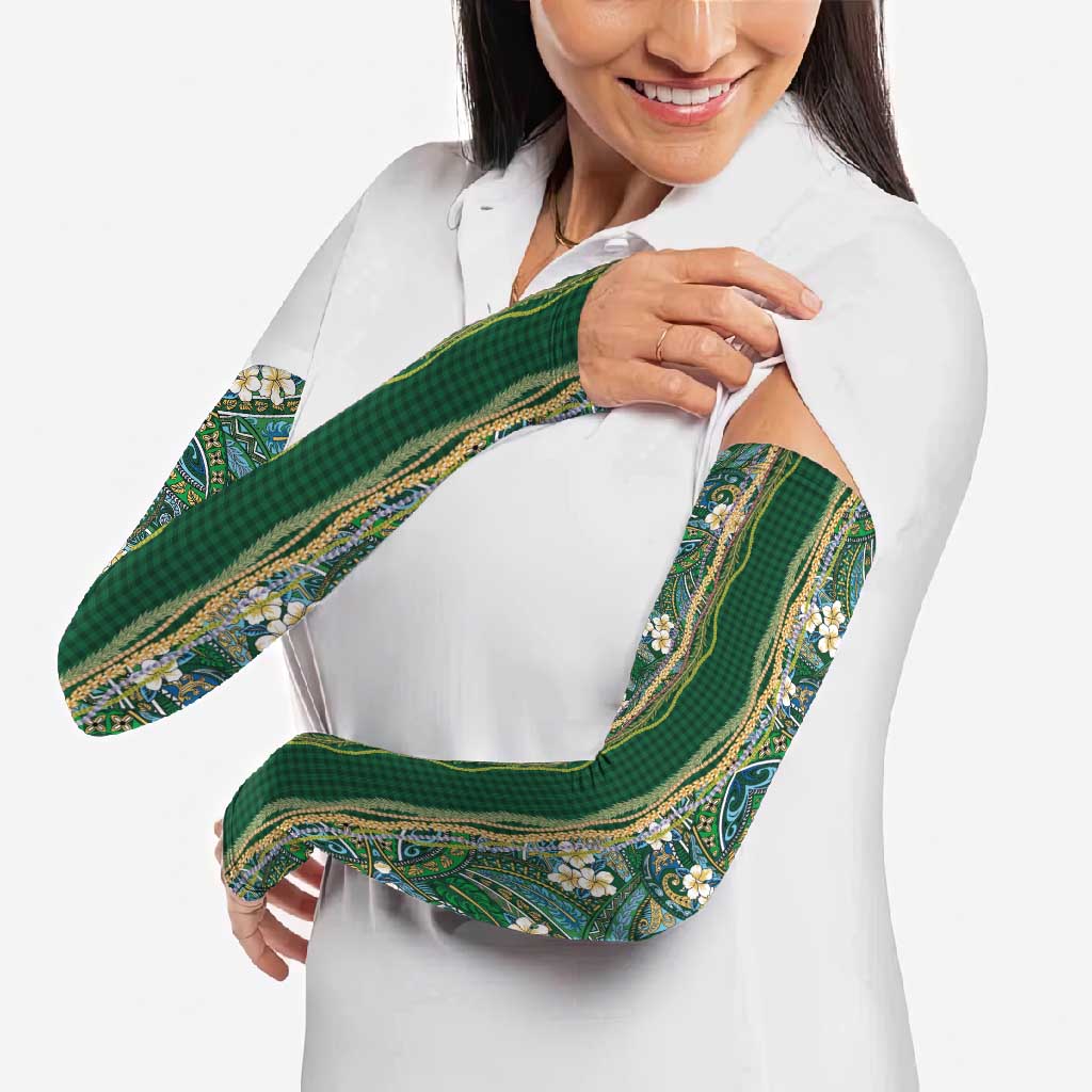 Hawaiian Art Flower Tribal with Lei Arm Sleeves Palaka Pattern Green Color - Polynesian Pride