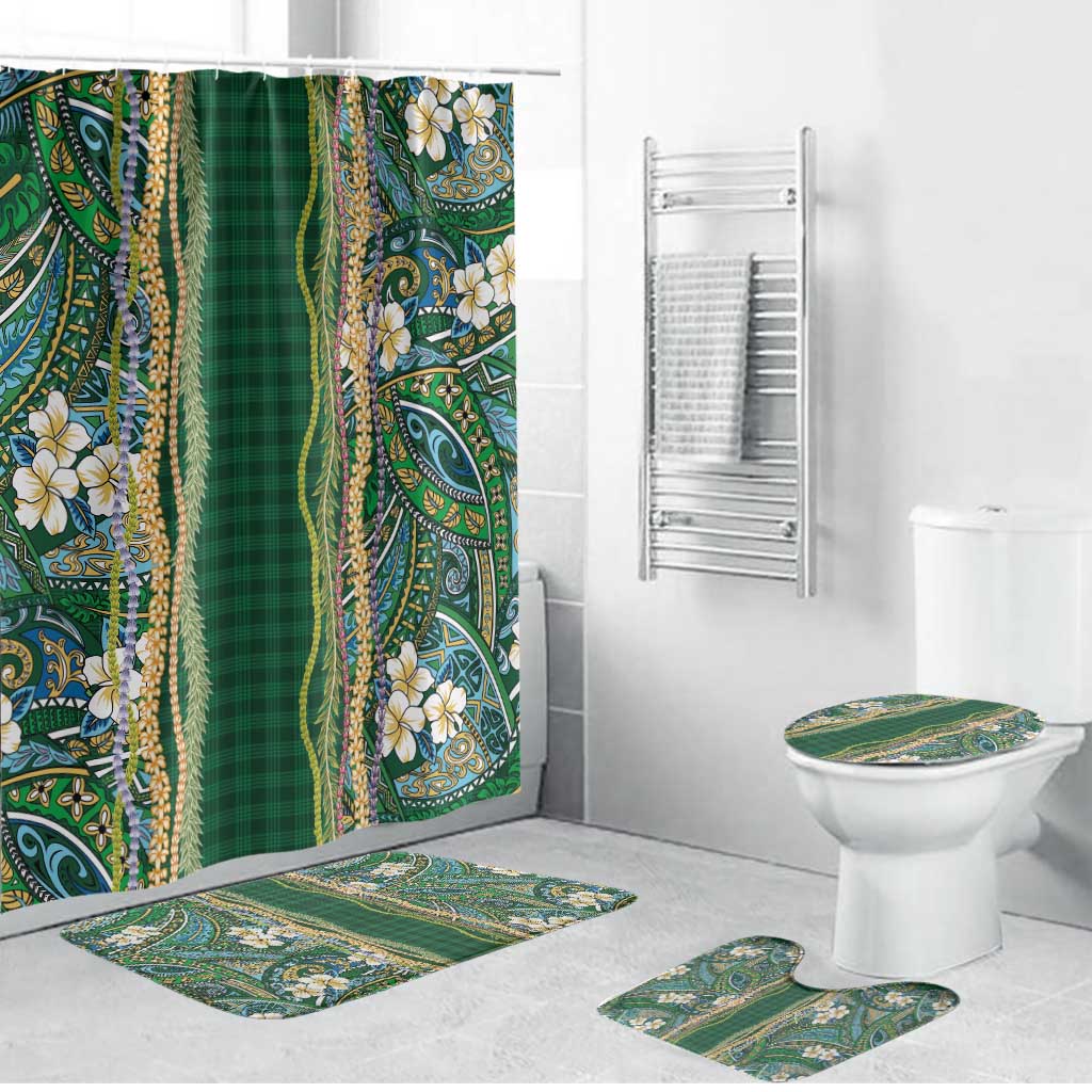 Hawaiian Art Flower Tribal with Lei Bathroom Set Palaka Pattern Green Color LT03 Bathroom Set (4 pcs) Green - Polynesian Pride