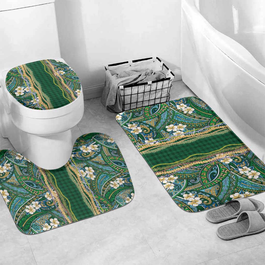 Hawaiian Art Flower Tribal with Lei Bathroom Set Palaka Pattern Green Color LT03 Mat Set Only (3 pcs) One Size Green - Polynesian Pride