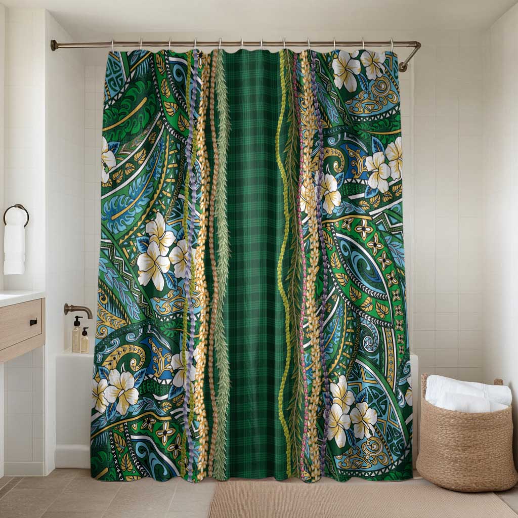 Hawaiian Art Flower Tribal with Lei Bathroom Set Palaka Pattern Green Color LT03 Shower Curtain Only Green - Polynesian Pride