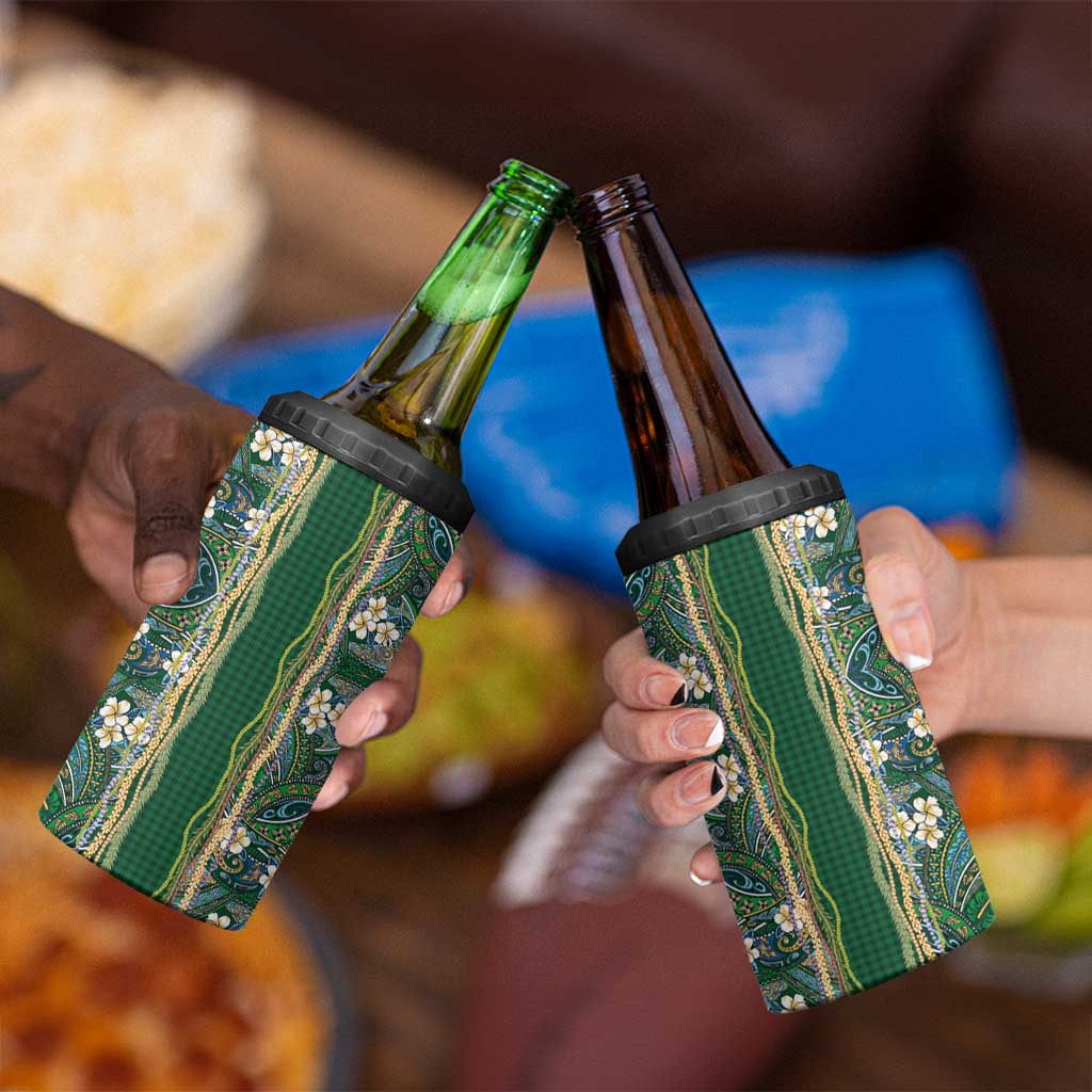 Hawaiian Art Flower Tribal with Lei 4 in 1 Can Cooler Tumbler Palaka Pattern Green Color - Polynesian Pride
