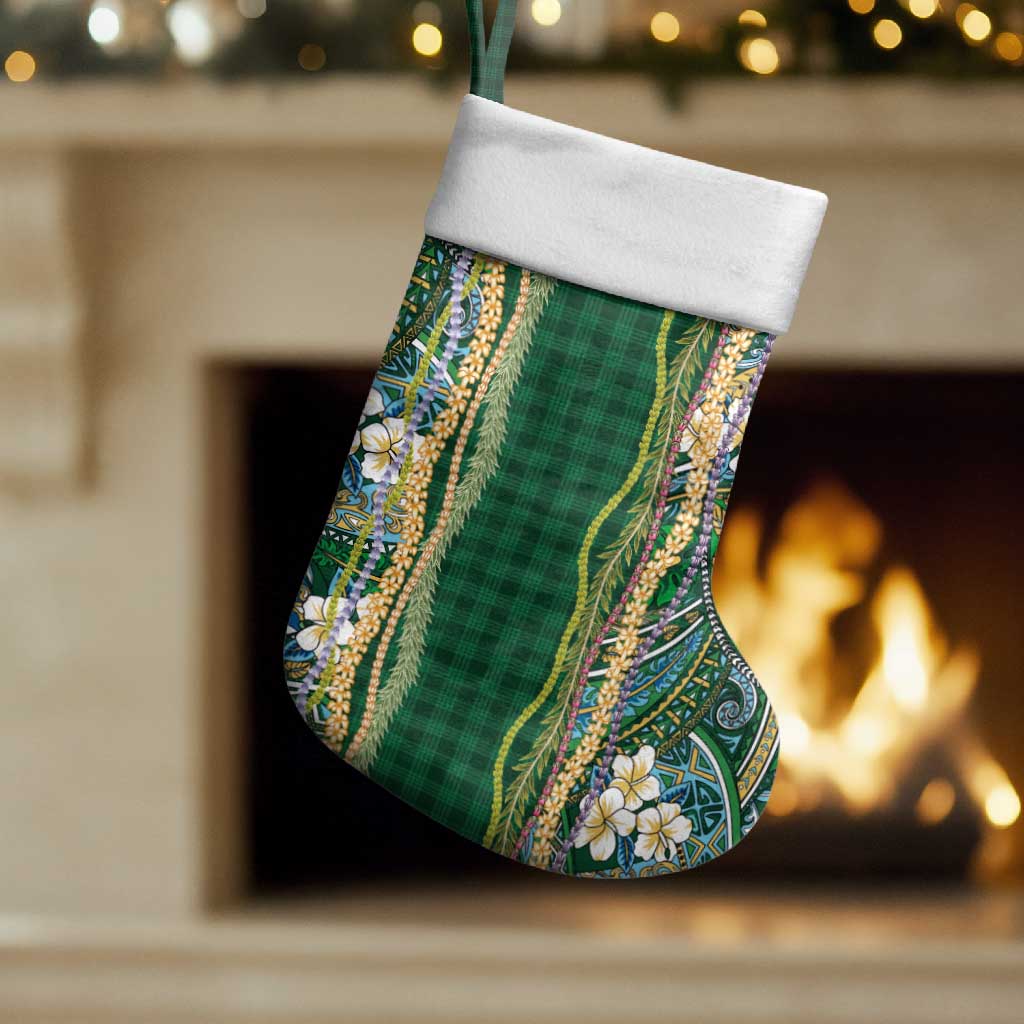 Hawaiian Art Flower Tribal with Lei Christmas Stocking Palaka Pattern Green Color - Polynesian Pride