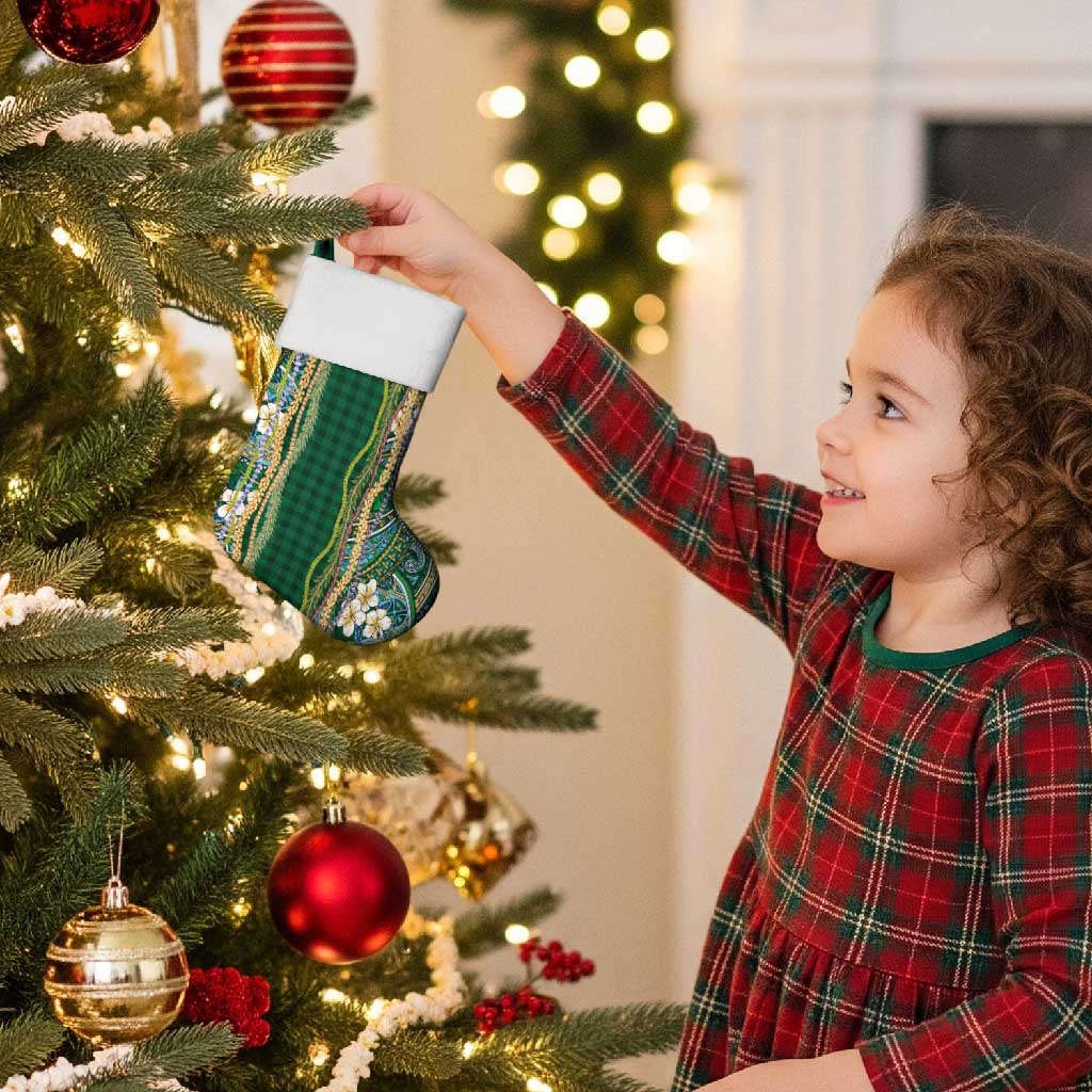 Hawaiian Art Flower Tribal with Lei Christmas Stocking Palaka Pattern Green Color - Polynesian Pride