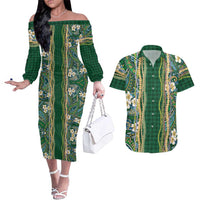 Hawaiian Art Flower Tribal with Lei Couples Matching Off The Shoulder Long Sleeve Dress and Hawaiian Shirt Palaka Pattern Green Color LT03 Green - Polynesian Pride