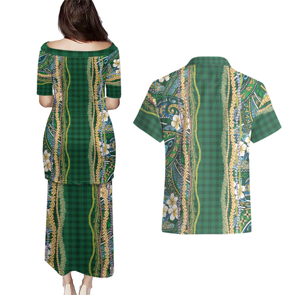 Hawaiian Art Flower Tribal with Lei Couples Matching Puletasi and Hawaiian Shirt Palaka Pattern Green Color - Polynesian Pride