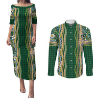 Hawaiian Art Flower Tribal with Lei Couples Matching Puletasi and Long Sleeve Button Shirt Palaka Pattern Green Color - Polynesian Pride