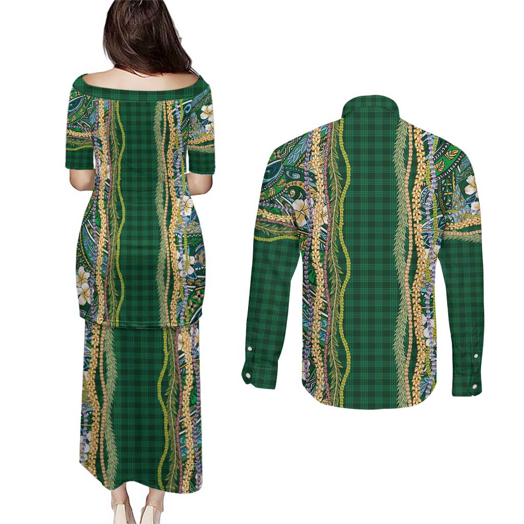 Hawaiian Art Flower Tribal with Lei Couples Matching Puletasi and Long Sleeve Button Shirt Palaka Pattern Green Color - Polynesian Pride