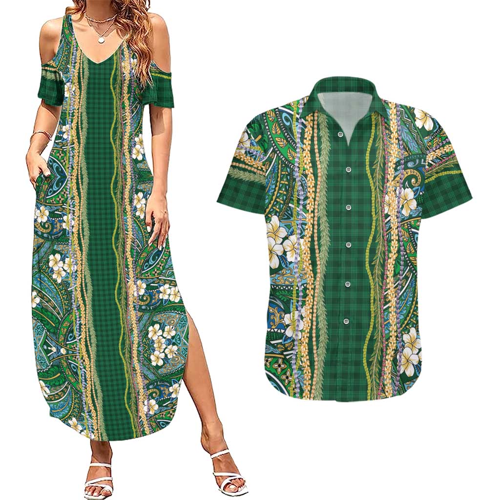 Hawaiian Art Flower Tribal with Lei Couples Matching Summer Maxi Dress and Hawaiian Shirt Palaka Pattern Green Color - Polynesian Pride