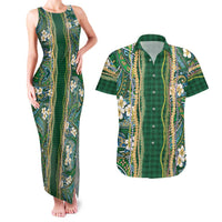 Hawaiian Art Flower Tribal with Lei Couples Matching Tank Maxi Dress and Hawaiian Shirt Palaka Pattern Green Color LT03 Green - Polynesian Pride