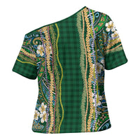 Hawaiian Art Flower Tribal with Lei Cross Shoulder Shirt Palaka Pattern Green Color - Polynesian Pride