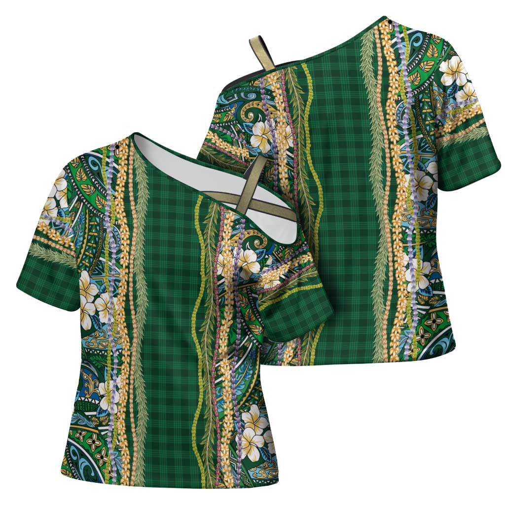 Hawaiian Art Flower Tribal with Lei Cross Shoulder Shirt Palaka Pattern Green Color - Polynesian Pride