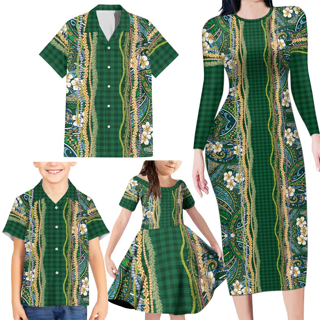 Hawaiian Art Flower Tribal with Lei Family Matching Long Sleeve Bodycon Dress and Hawaiian Shirt Palaka Pattern Green Color LT03 - Polynesian Pride