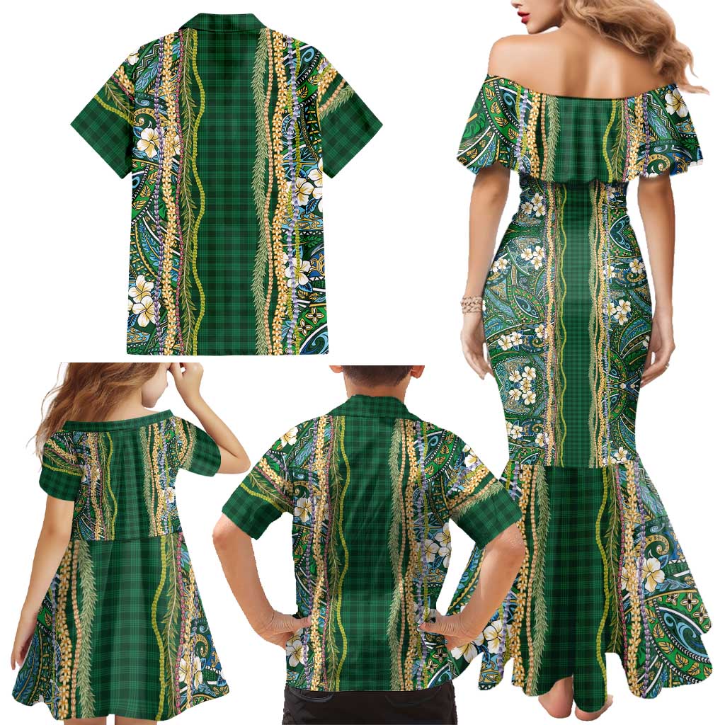 Hawaiian Art Flower Tribal with Lei Family Matching Mermaid Dress and Hawaiian Shirt Palaka Pattern Green Color LT03 - Polynesian Pride