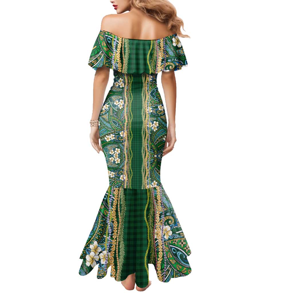 Hawaiian Art Flower Tribal with Lei Family Matching Mermaid Dress and Hawaiian Shirt Palaka Pattern Green Color LT03 - Polynesian Pride