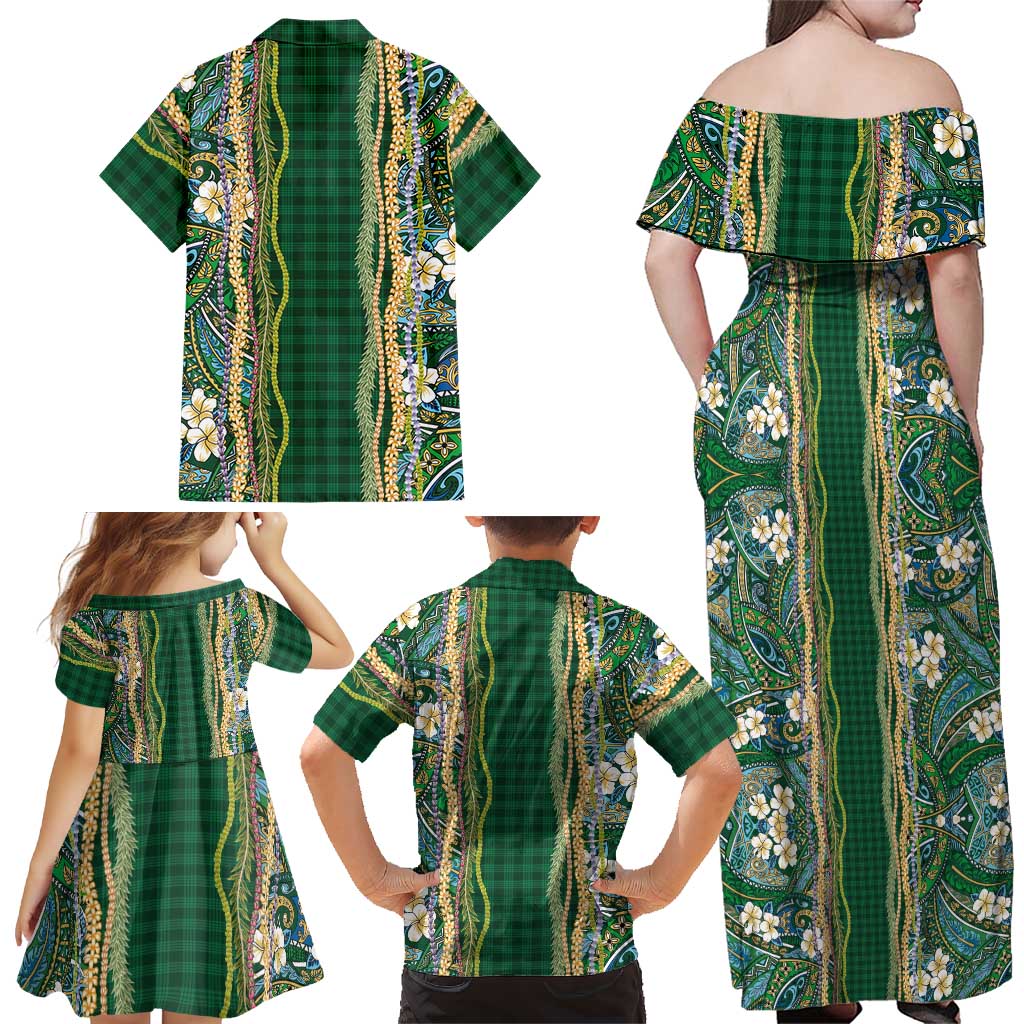 Hawaiian Art Flower Tribal with Lei Family Matching Off Shoulder Maxi Dress and Hawaiian Shirt Palaka Pattern Green Color LT03 - Polynesian Pride