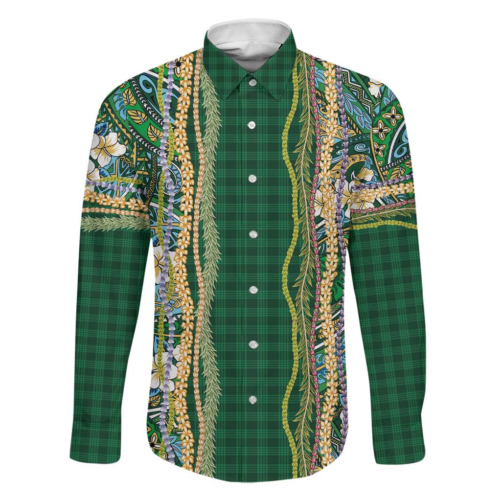 Hawaiian Art Flower Tribal with Lei Family Matching Off Shoulder Maxi Dress and Hawaiian Shirt Palaka Pattern Green Color LT03 Dad's Shirt - Long Sleeve Green - Polynesian Pride