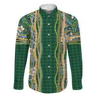 Hawaiian Art Flower Tribal with Lei Family Matching Off Shoulder Maxi Dress and Hawaiian Shirt Palaka Pattern Green Color LT03 Dad's Shirt - Long Sleeve Green - Polynesian Pride