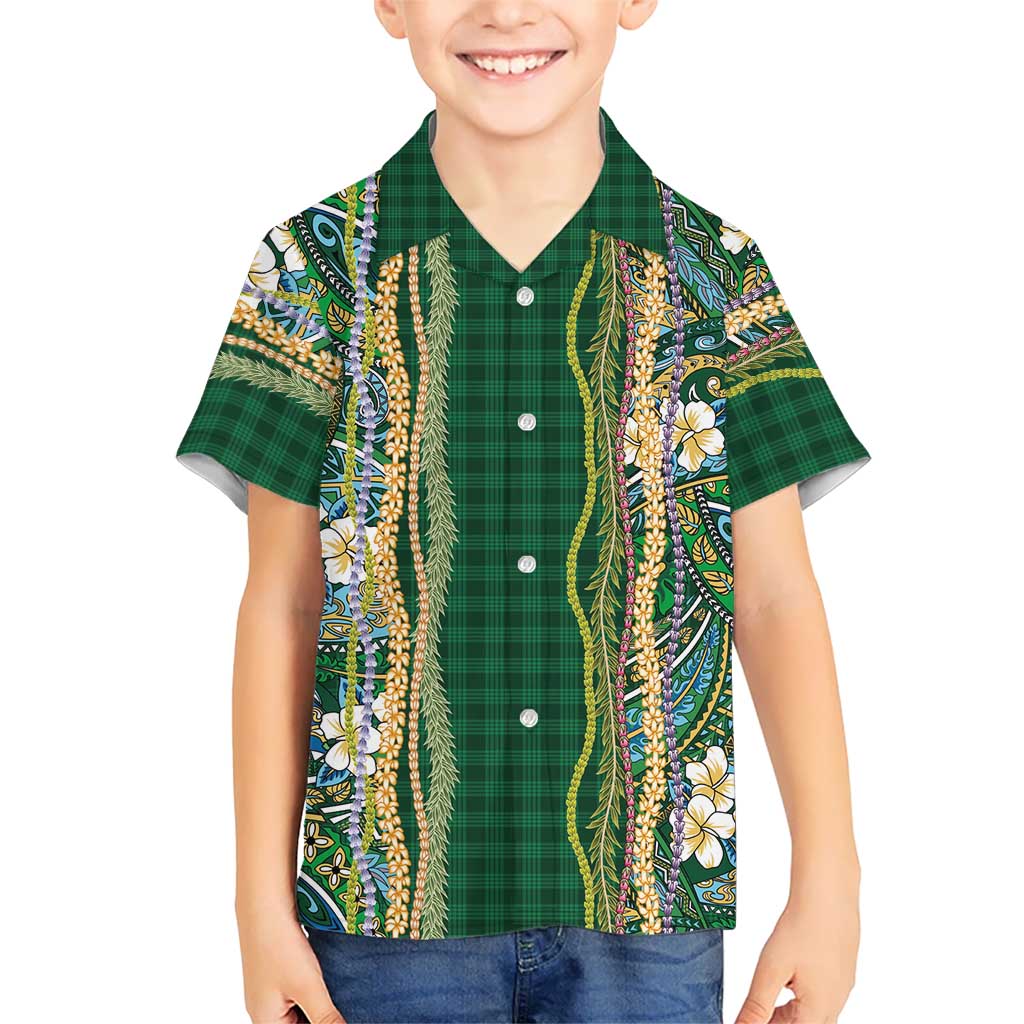 Hawaiian Art Flower Tribal with Lei Family Matching Off Shoulder Maxi Dress and Hawaiian Shirt Palaka Pattern Green Color LT03 Son's Shirt Green - Polynesian Pride
