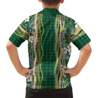 Hawaiian Art Flower Tribal with Lei Family Matching Off Shoulder Short Dress and Hawaiian Shirt Palaka Pattern Green Color LT03 - Polynesian Pride