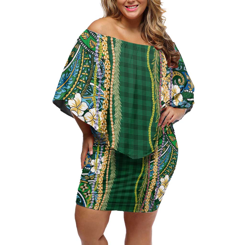 Hawaiian Art Flower Tribal with Lei Family Matching Off Shoulder Short Dress and Hawaiian Shirt Palaka Pattern Green Color LT03 Mom's Dress Green - Polynesian Pride