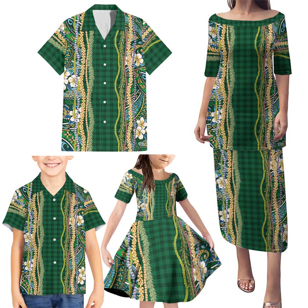 Hawaiian Art Flower Tribal with Lei Family Matching Puletasi and Hawaiian Shirt Palaka Pattern Green Color - Polynesian Pride