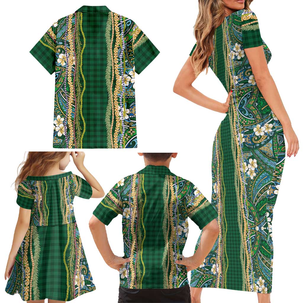 Hawaiian Art Flower Tribal with Lei Family Matching Short Sleeve Bodycon Dress and Hawaiian Shirt Palaka Pattern Green Color LT03 - Polynesian Pride