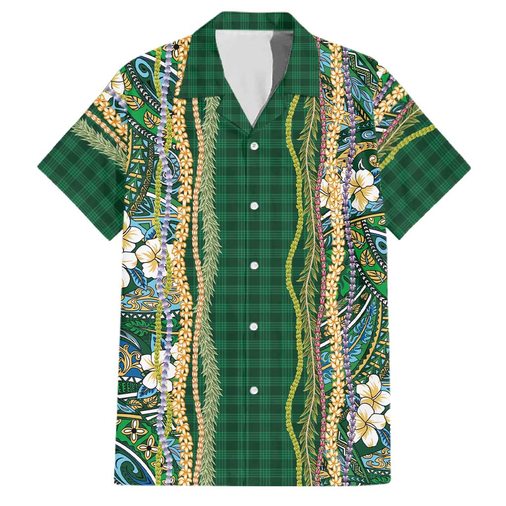 Hawaiian Art Flower Tribal with Lei Family Matching Short Sleeve Bodycon Dress and Hawaiian Shirt Palaka Pattern Green Color LT03 Dad's Shirt - Short Sleeve Green - Polynesian Pride