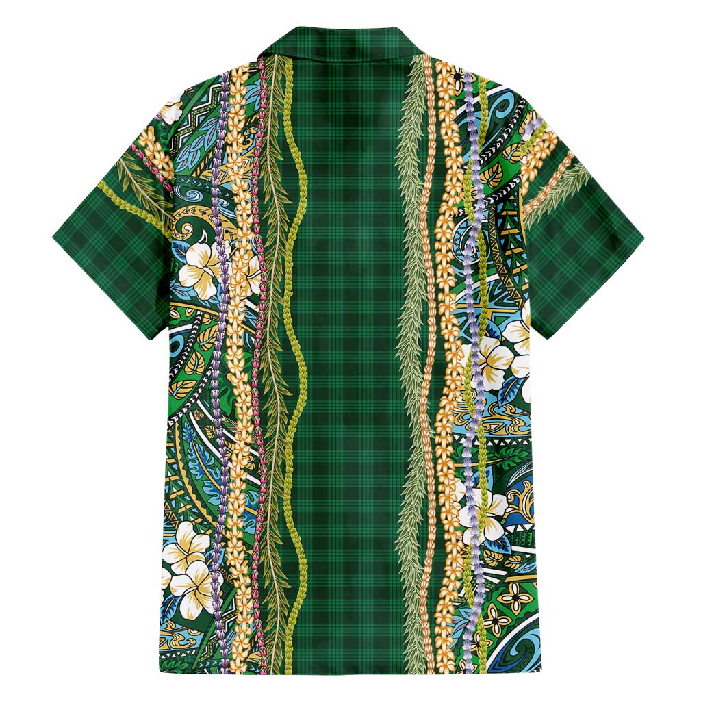 Hawaiian Art Flower Tribal with Lei Family Matching Short Sleeve Bodycon Dress and Hawaiian Shirt Palaka Pattern Green Color LT03 - Polynesian Pride
