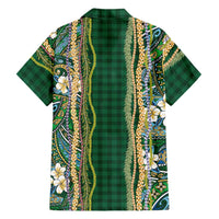 Hawaiian Art Flower Tribal with Lei Family Matching Short Sleeve Bodycon Dress and Hawaiian Shirt Palaka Pattern Green Color LT03 - Polynesian Pride