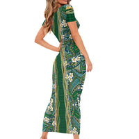 Hawaiian Art Flower Tribal with Lei Family Matching Short Sleeve Bodycon Dress and Hawaiian Shirt Palaka Pattern Green Color LT03 - Polynesian Pride