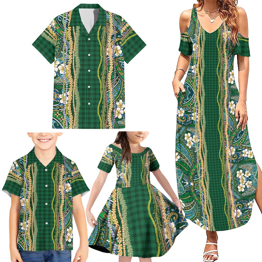 Hawaiian Art Flower Tribal with Lei Family Matching Summer Maxi Dress and Hawaiian Shirt Palaka Pattern Green Color LT03 - Polynesian Pride