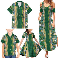 Hawaiian Art Flower Tribal with Lei Family Matching Summer Maxi Dress and Hawaiian Shirt Palaka Pattern Green Color LT03 - Polynesian Pride